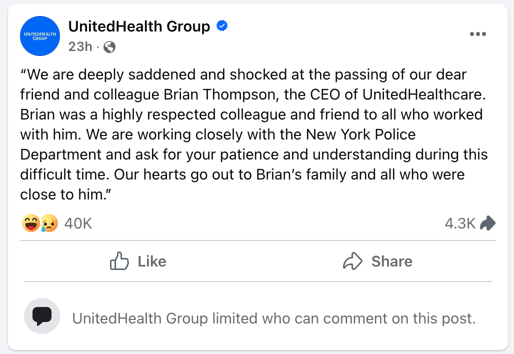 A post announcing the death of Brian Thompson on UnitedHealthcare’s Facebook page received more than 42,000 laugh emojis in response