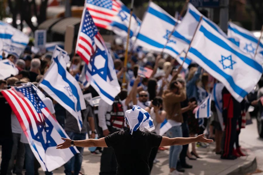 Pro-Israel protest with a sea of US and Israeli flags